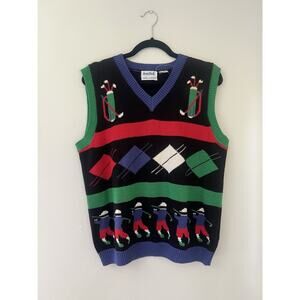 Vintgae Jean Bell Knit Golf Motif Sweater Vest Novelty Teacher M hand loomed